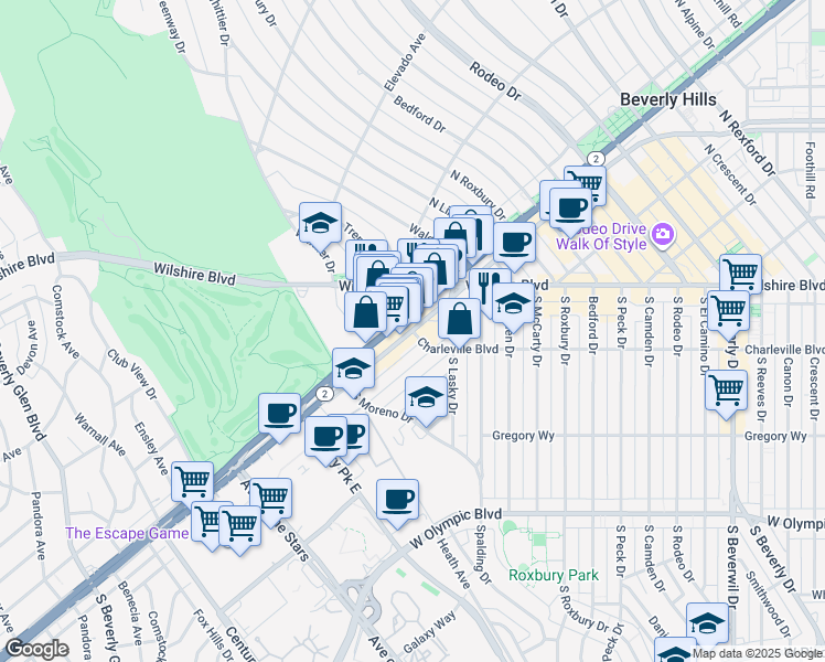 map of restaurants, bars, coffee shops, grocery stores, and more near 9909 Durant Drive in Beverly Hills