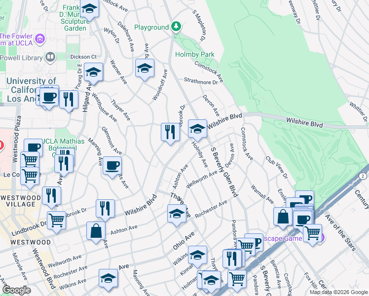 map of restaurants, bars, coffee shops, grocery stores, and more near 10450 Wilshire Boulevard in Los Angeles