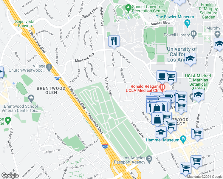 map of restaurants, bars, coffee shops, grocery stores, and more near 664 Veteran Avenue in Los Angeles