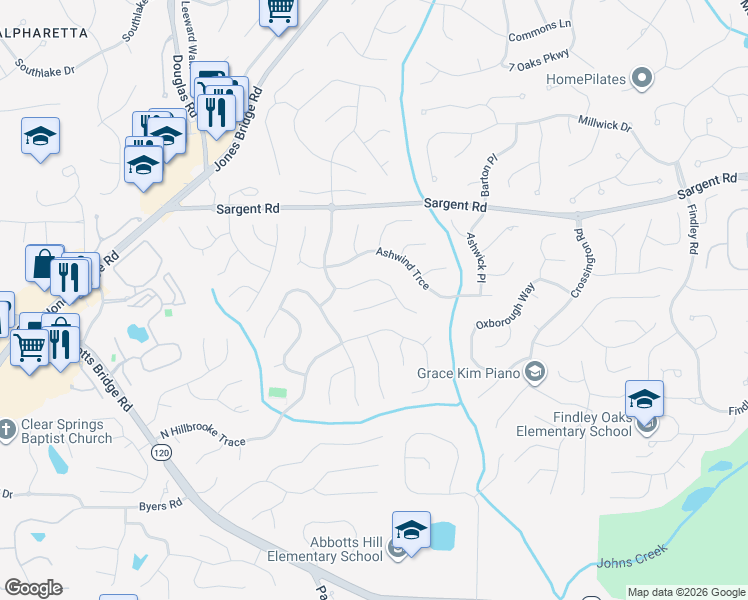 map of restaurants, bars, coffee shops, grocery stores, and more near 1025 Vinebrook Lane in Alpharetta