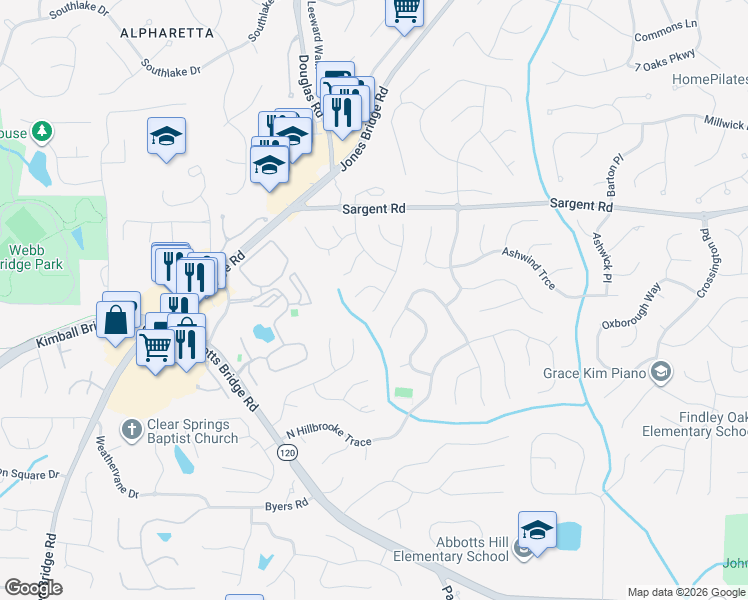 map of restaurants, bars, coffee shops, grocery stores, and more near 11700 Red Maple Forest Drive in Alpharetta
