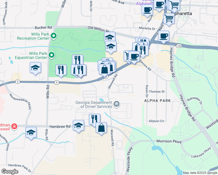 map of restaurants, bars, coffee shops, grocery stores, and more near 965 Kilmington Court in Alpharetta