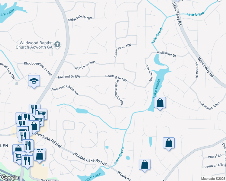 map of restaurants, bars, coffee shops, grocery stores, and more near 4802 Oxford Walk in Acworth