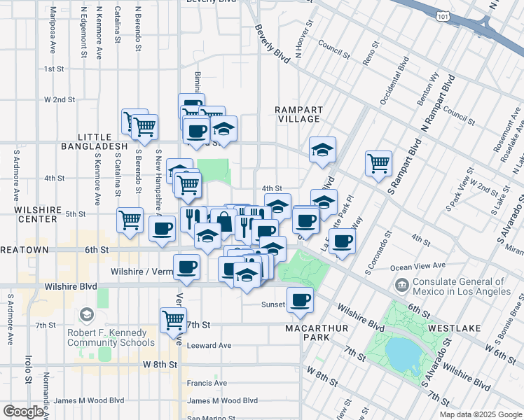 map of restaurants, bars, coffee shops, grocery stores, and more near 436 South Virgil Avenue in Los Angeles