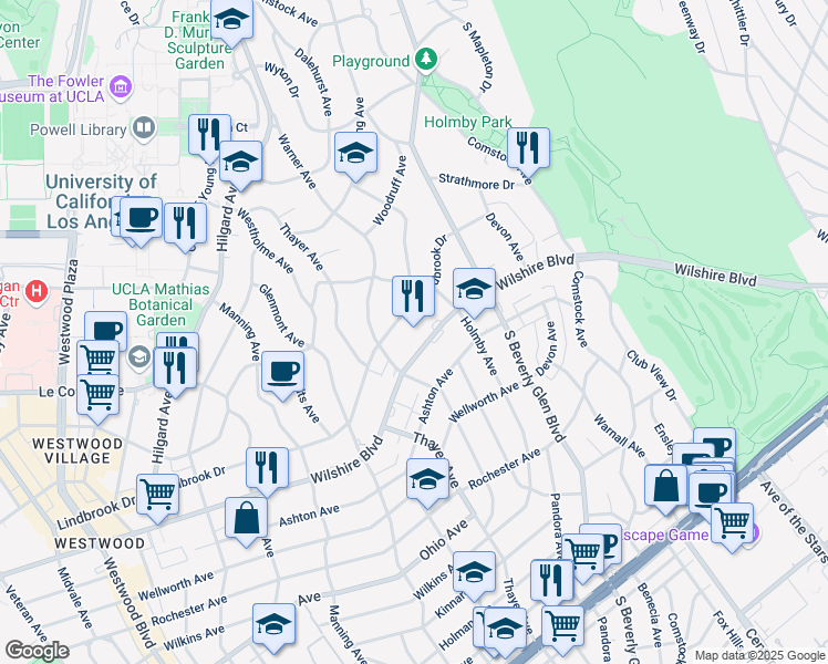 map of restaurants, bars, coffee shops, grocery stores, and more near 10475 Wilshire Boulevard in Los Angeles
