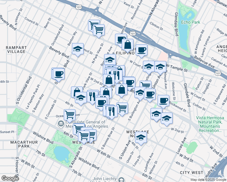map of restaurants, bars, coffee shops, grocery stores, and more near 152 South Mountain View Avenue in Los Angeles