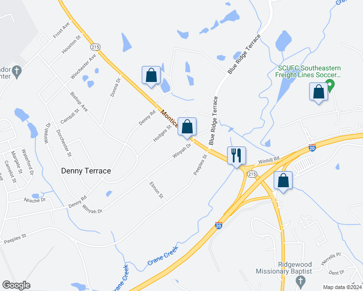 map of restaurants, bars, coffee shops, grocery stores, and more near 1719 Winyah Drive in Columbia