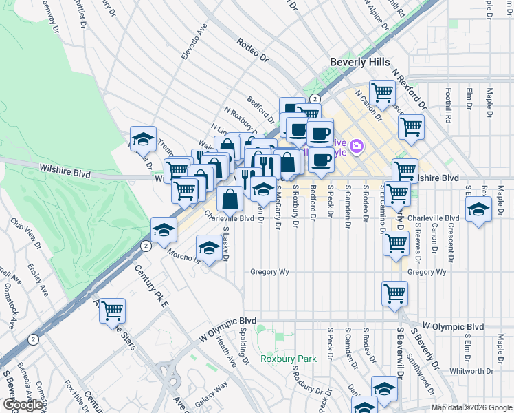 map of restaurants, bars, coffee shops, grocery stores, and more near 141 South Linden Drive in Beverly Hills