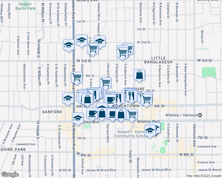 map of restaurants, bars, coffee shops, grocery stores, and more near 456 South Harvard Boulevard in Los Angeles