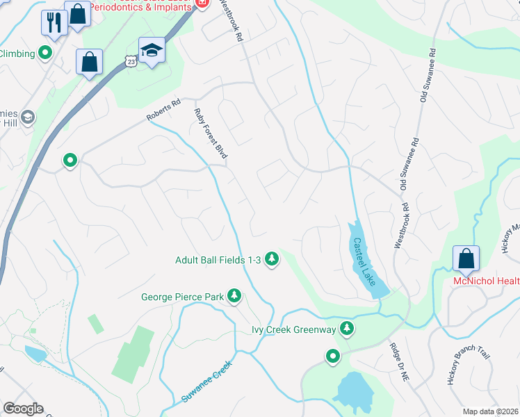 map of restaurants, bars, coffee shops, grocery stores, and more near 490 Ruby Forest Parkway in Suwanee