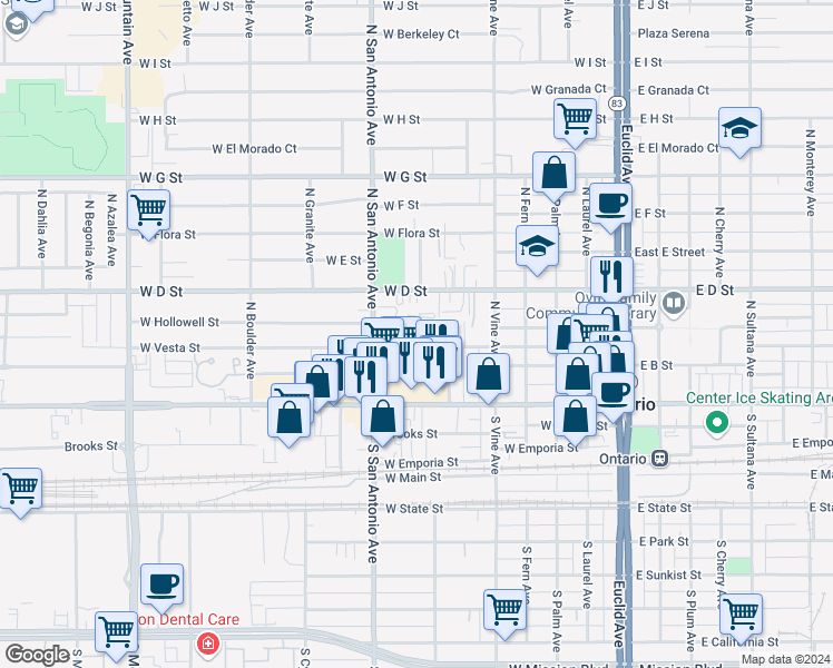 map of restaurants, bars, coffee shops, grocery stores, and more near 321 North Beverly Court in Ontario