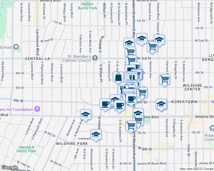 map of restaurants, bars, coffee shops, grocery stores, and more near 453 South Gramercy Place in Los Angeles