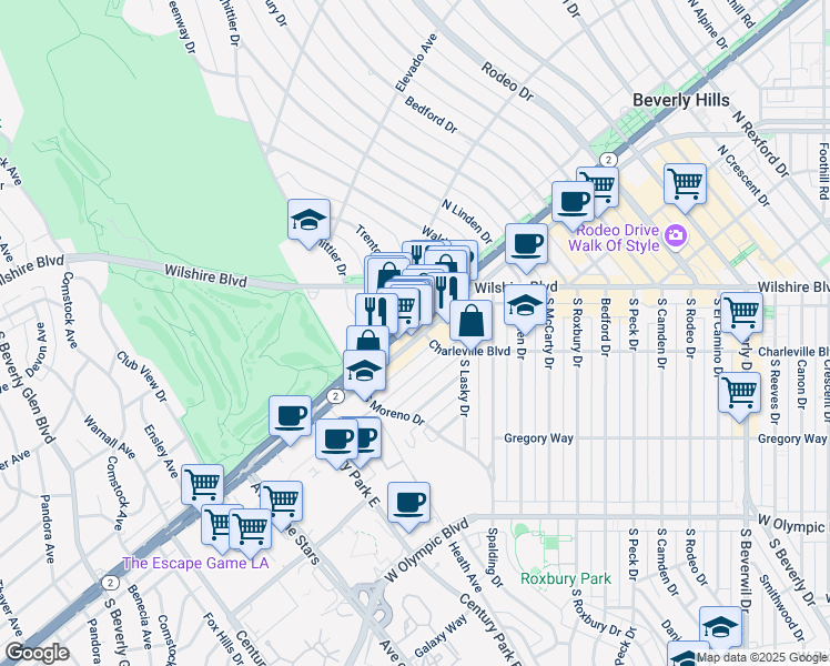 map of restaurants, bars, coffee shops, grocery stores, and more near 9903 Santa Monica Boulevard in Beverly Hills