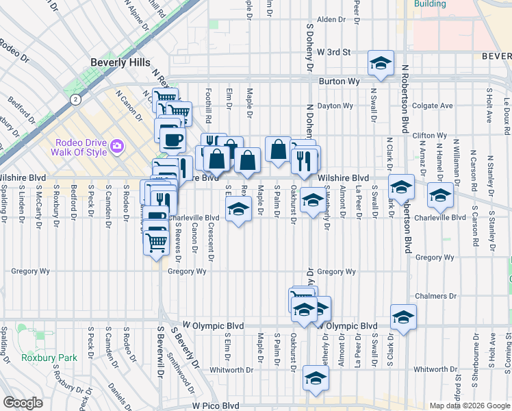map of restaurants, bars, coffee shops, grocery stores, and more near 145 South Maple Drive in Beverly Hills