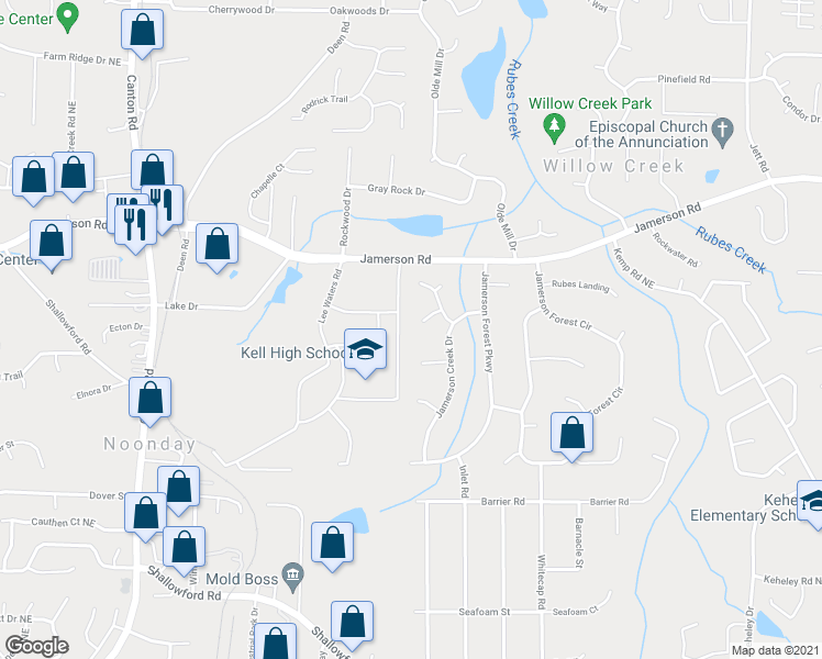 map of restaurants, bars, coffee shops, grocery stores, and more near 1395 Smokey Mountain Court in Marietta