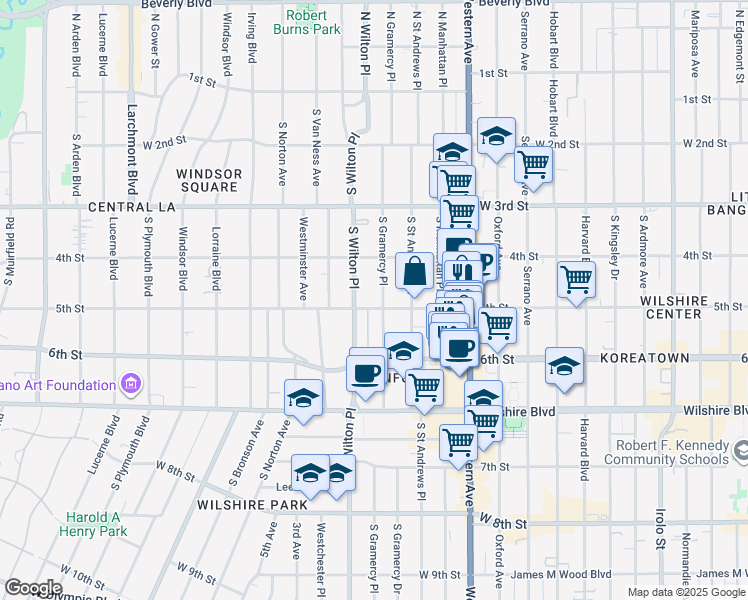 map of restaurants, bars, coffee shops, grocery stores, and more near 453 South Gramercy Place in Los Angeles