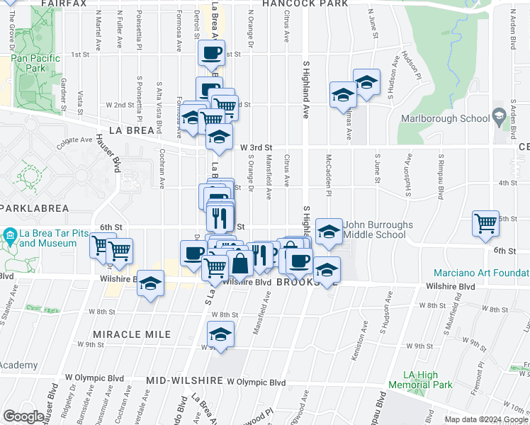 map of restaurants, bars, coffee shops, grocery stores, and more near 445 South Mansfield Avenue in Los Angeles