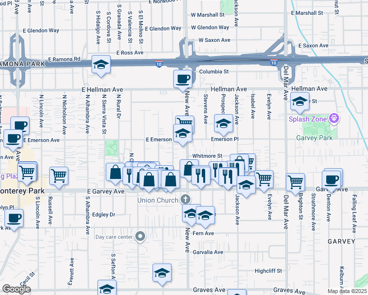 map of restaurants, bars, coffee shops, grocery stores, and more near 321 New Avenue in Monterey Park