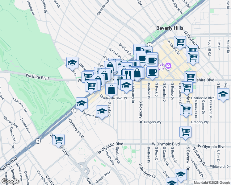 map of restaurants, bars, coffee shops, grocery stores, and more near 137 South Spalding Drive in Beverly Hills