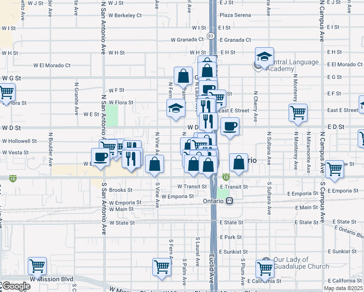 map of restaurants, bars, coffee shops, grocery stores, and more near 301 West C Street in Ontario