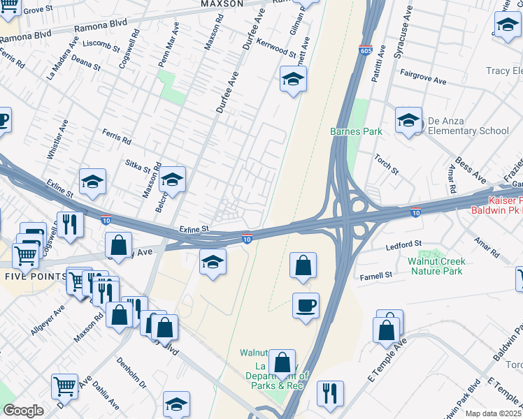 map of restaurants, bars, coffee shops, grocery stores, and more near 12557 Pinehurst Street in El Monte