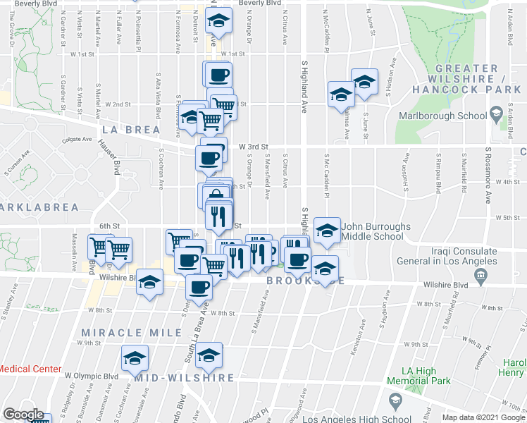 map of restaurants, bars, coffee shops, grocery stores, and more near 445 South Mansfield Avenue in Los Angeles