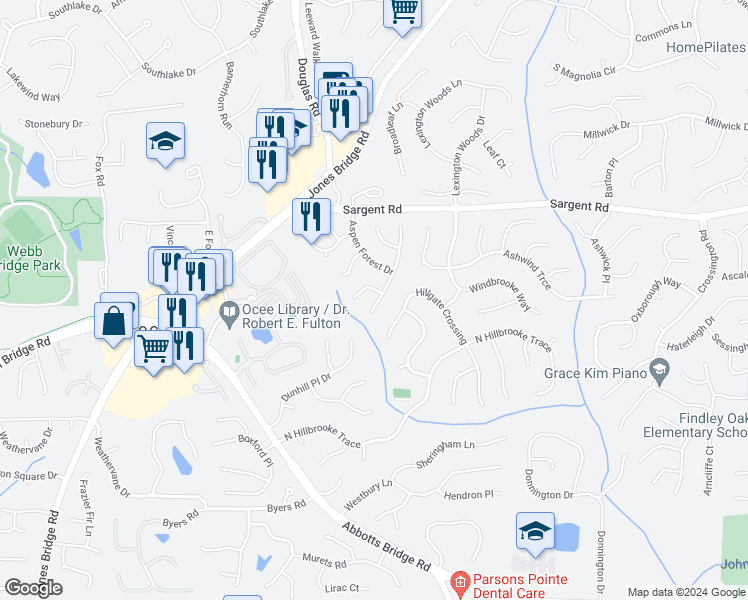 map of restaurants, bars, coffee shops, grocery stores, and more near 11700 Red Maple Forest Drive in Alpharetta