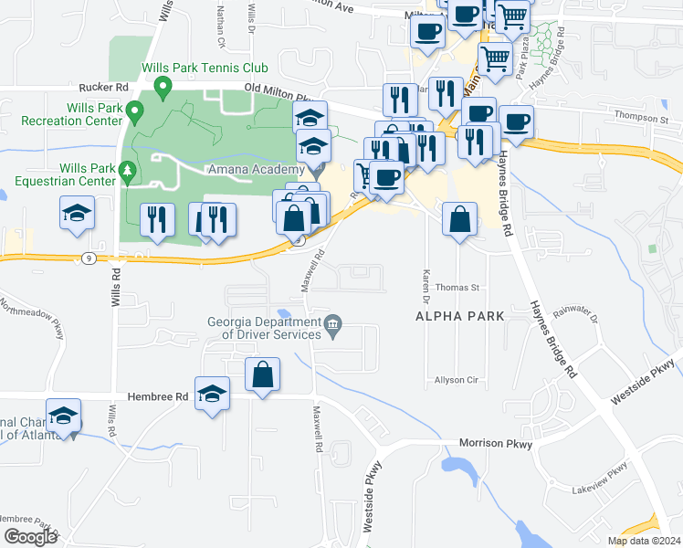 map of restaurants, bars, coffee shops, grocery stores, and more near 1090 Kilmington Court in Alpharetta