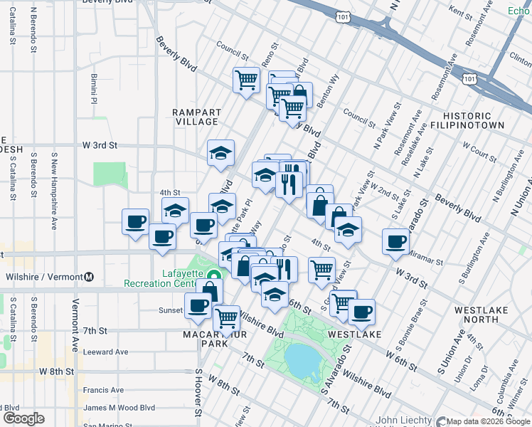 map of restaurants, bars, coffee shops, grocery stores, and more near 340 South Benton Way in Los Angeles
