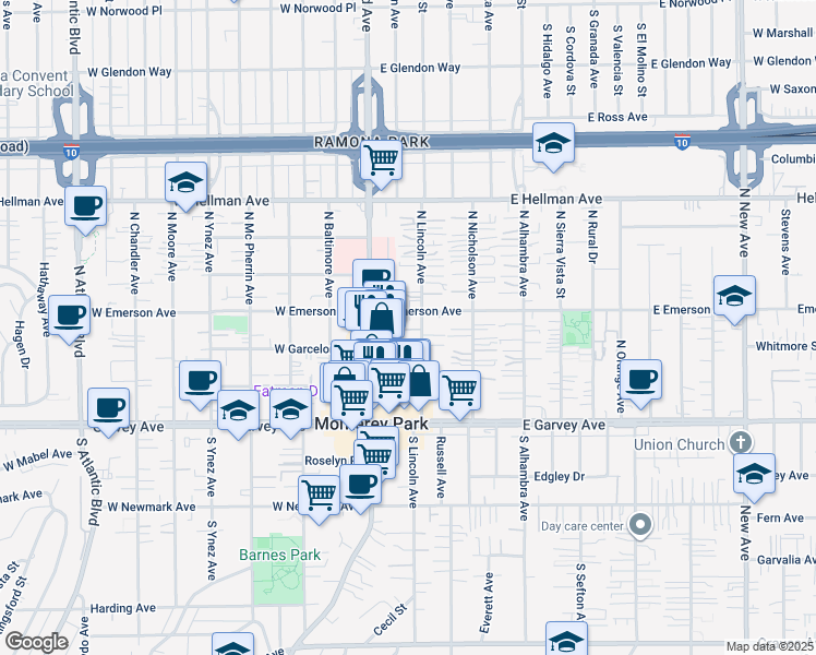 map of restaurants, bars, coffee shops, grocery stores, and more near 321 North Lincoln Avenue in Monterey Park