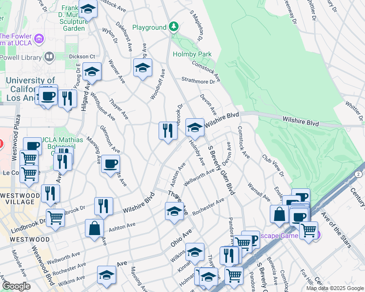 map of restaurants, bars, coffee shops, grocery stores, and more near 10450 Wilshire Boulevard in Los Angeles