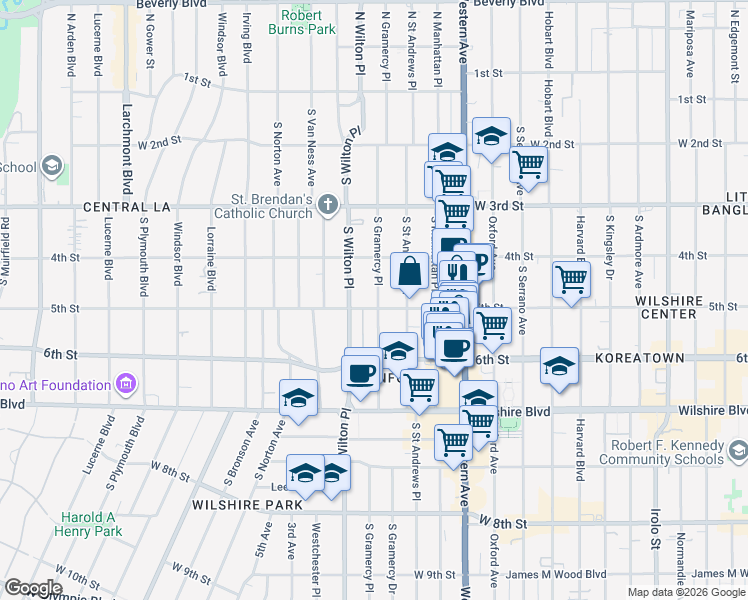 map of restaurants, bars, coffee shops, grocery stores, and more near 453 South Gramercy Place in Los Angeles