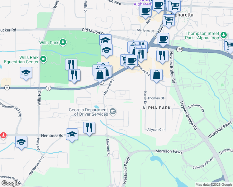 map of restaurants, bars, coffee shops, grocery stores, and more near 1125 Kilmington Court in Alpharetta