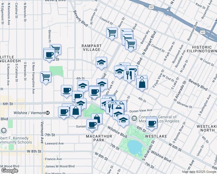 map of restaurants, bars, coffee shops, grocery stores, and more near 401 South Lafayette Park Place in Los Angeles