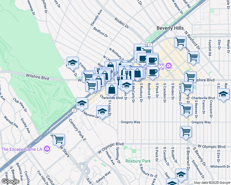 map of restaurants, bars, coffee shops, grocery stores, and more near 137 South Spalding Drive in Beverly Hills