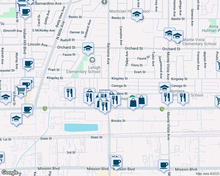 map of restaurants, bars, coffee shops, grocery stores, and more near 4505 Canoga Street in Montclair