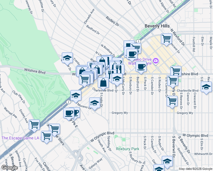 map of restaurants, bars, coffee shops, grocery stores, and more near 201 Charleville Boulevard in Beverly Hills