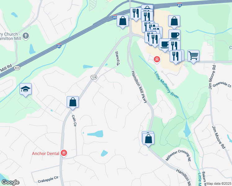 map of restaurants, bars, coffee shops, grocery stores, and more near 2085 Stancil Park Lane in Dacula