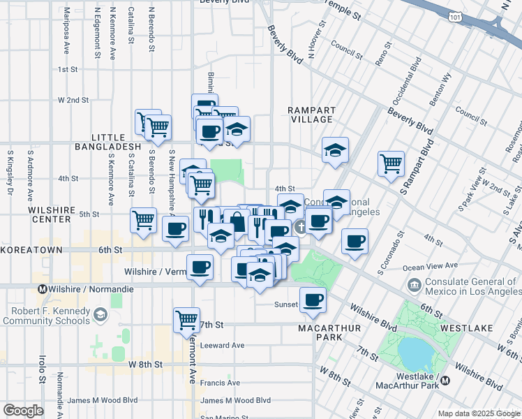 map of restaurants, bars, coffee shops, grocery stores, and more near 435 South Virgil Avenue in Los Angeles
