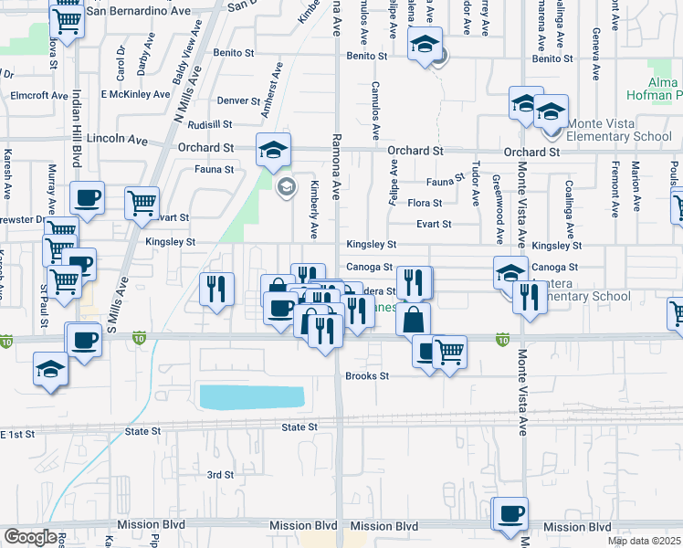 map of restaurants, bars, coffee shops, grocery stores, and more near 4505 Canoga Street in Montclair