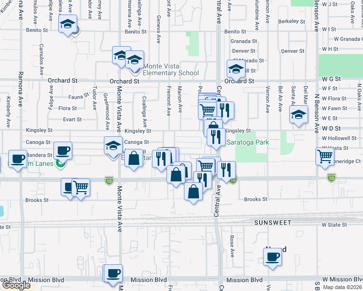 map of restaurants, bars, coffee shops, grocery stores, and more near 5147 Canoga Street in Montclair