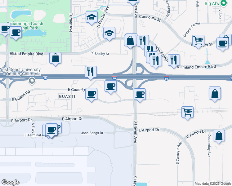 map of restaurants, bars, coffee shops, grocery stores, and more near 3450 North Centre Lake Drive in Ontario