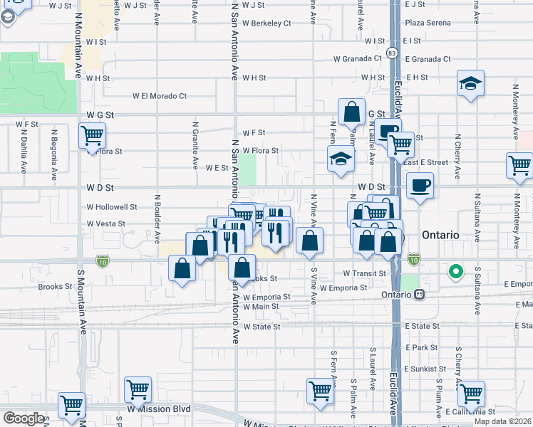 map of restaurants, bars, coffee shops, grocery stores, and more near 314 North Beverly Court in Ontario