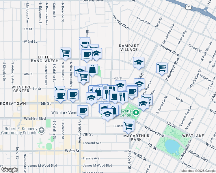 map of restaurants, bars, coffee shops, grocery stores, and more near 435 South Virgil Avenue in Los Angeles