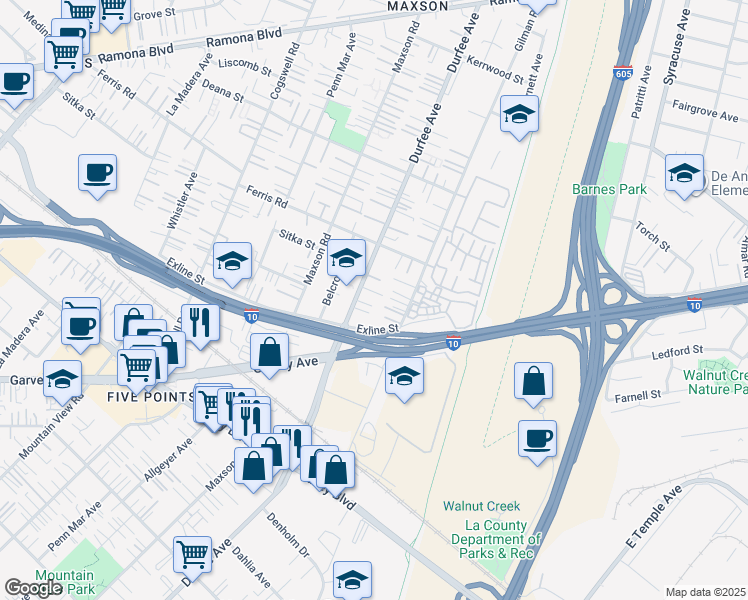 map of restaurants, bars, coffee shops, grocery stores, and more near 3462 Durfee Avenue in El Monte