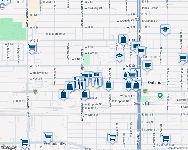 map of restaurants, bars, coffee shops, grocery stores, and more near 314 North Beverly Court in Ontario