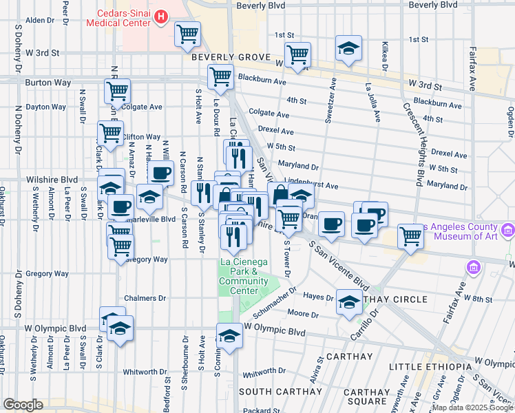 map of restaurants, bars, coffee shops, grocery stores, and more near 112 North Hamilton Drive in Beverly Hills