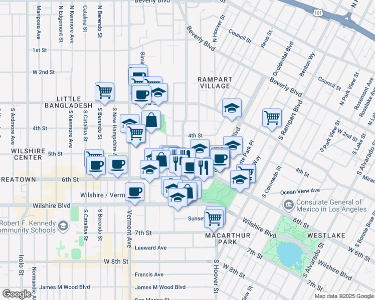 map of restaurants, bars, coffee shops, grocery stores, and more near 436 South Virgil Avenue in Los Angeles