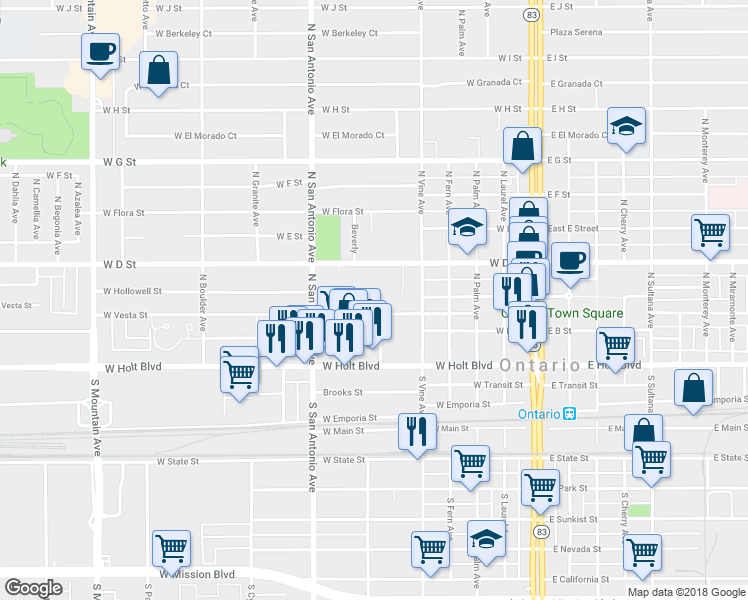 map of restaurants, bars, coffee shops, grocery stores, and more near 556 West Vesta Street in Ontario
