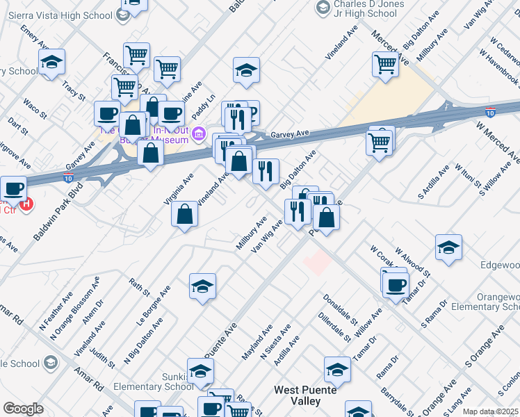 map of restaurants, bars, coffee shops, grocery stores, and more near 13974 Francisquito Avenue in Baldwin Park